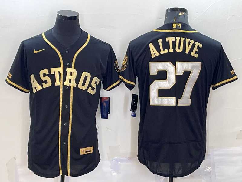 Mens Houston Astros #27 Jose Altuve Black Gold Flex Base Stitched Jersey